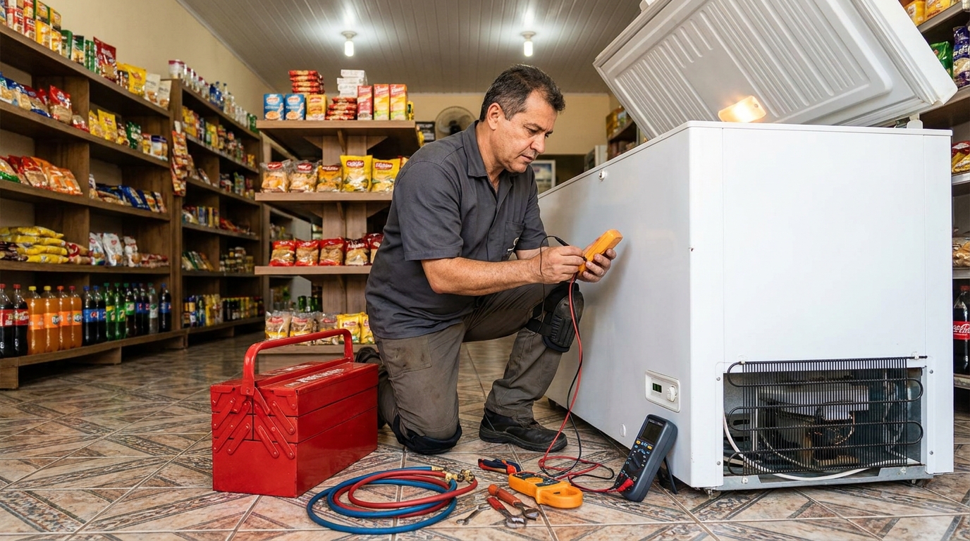 Recarga de gás refrigerante em freezer em atendimento em Joinville‑SC